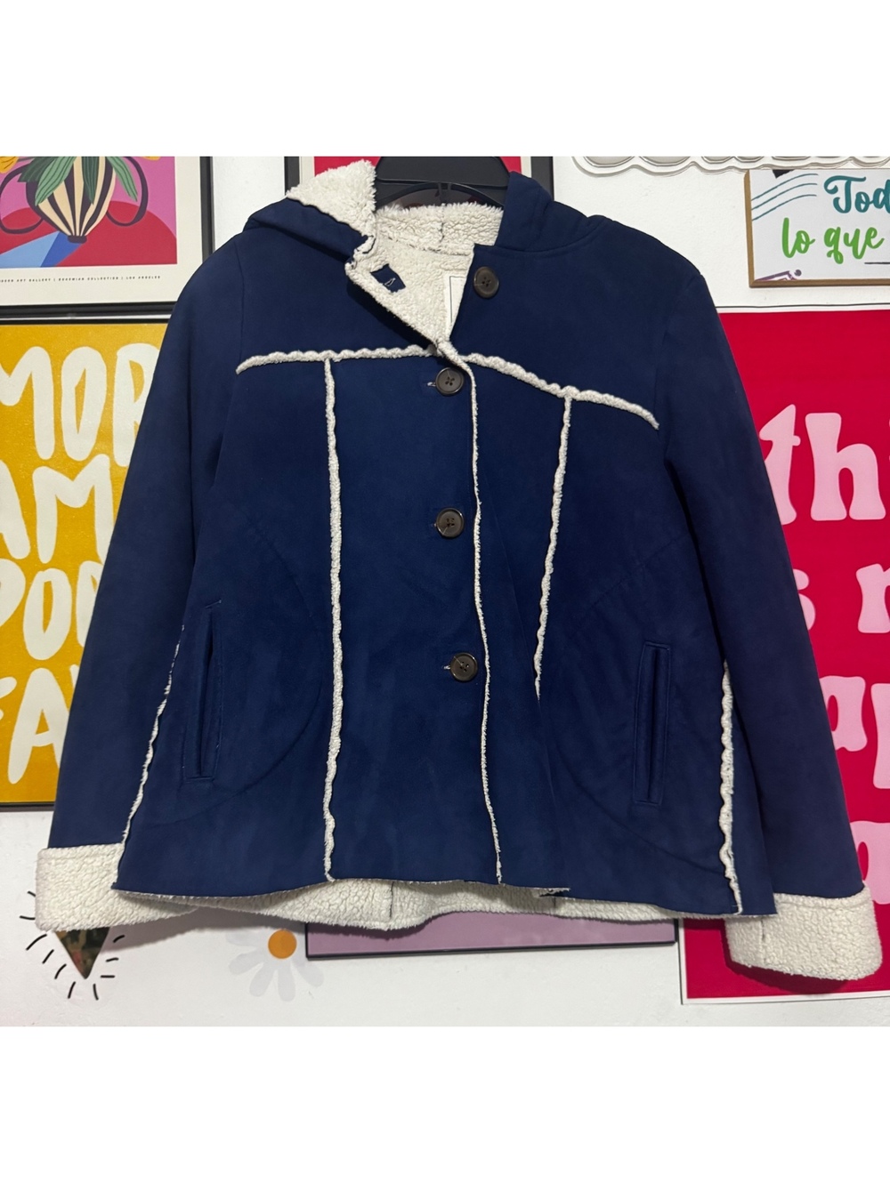 Old Navy Girls XL Sherpa Lined Hooded Jacket Navy Blue Button Front